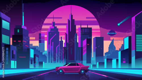 Retro cityscape with car and futuristic elements
