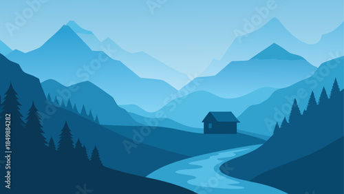 Blue layered mountains with river and cabin scene