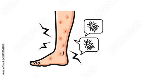 Illustration of a human leg with red, itchy bites from fleas or bed bugs, showing a skin reaction to insect bites.