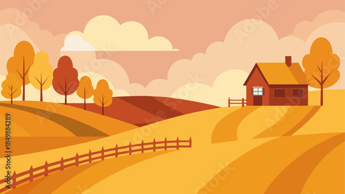 Autumnal landscape with house and rolling hills