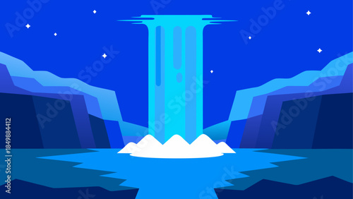 A waterfall flowing into a lake at night time scene