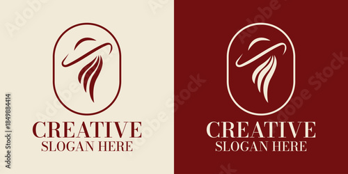 Elegant womans hat and flowing hair icon in a stylish oval frame. Fashion and beauty brand identity template. Creative design element. Vector illustration
