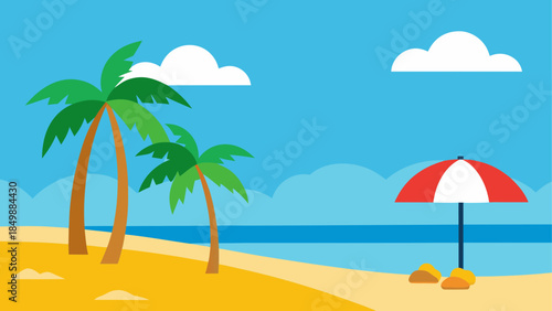 Tropical beach scene with palm trees and umbrella