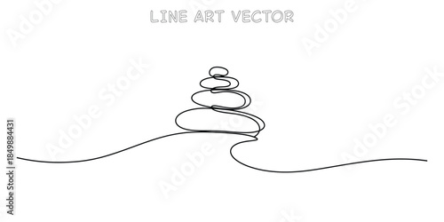 Continuous line art drawing of stacked zen stones or pebbles. Minimalist concept of balance, harmony, and meditation on a white background. Vector illustration