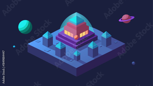 Isometric platform with pyramid and planets in space