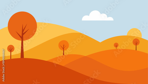 Autumn landscape with trees hills and a cloudy sky