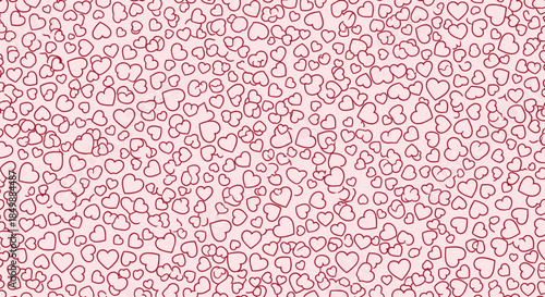 Seamless romantic pattern of hand-drawn red outline hearts scattered on a light pink background, perfect for Valentine's Day.