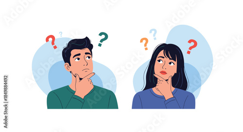 Thoughtful young man and woman looking up with question marks, illustrating a shared problem, confusion, or decision-making.