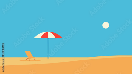 Illustration of beach chair and umbrella on the sand