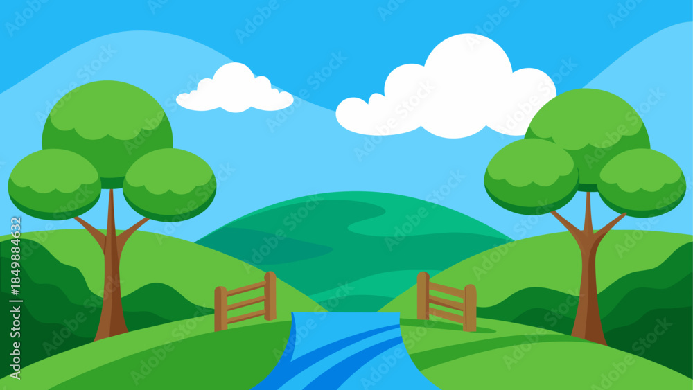 Fototapeta premium Cartoon landscape with river and trees illustration