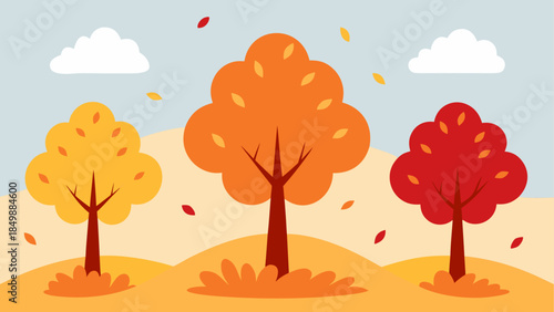Illustration of autumn trees with falling leaves and clouds