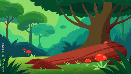 Cartoon forest scene with mushrooms and fallen tree