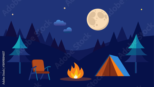 A campsite under the moon with a tent and bonfire
