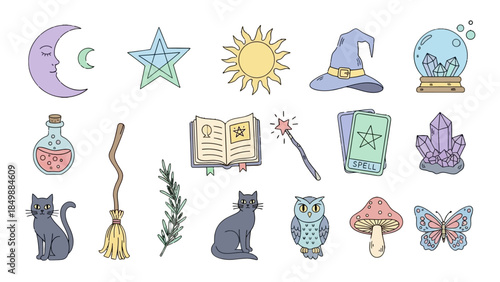 Colorful Collection of Mystical Elements with All-Seeing Eyes, Crescent Moons, Crystals, Hand, Magic Wand, Sword, and Botanical Leaves, Isolated White Background.