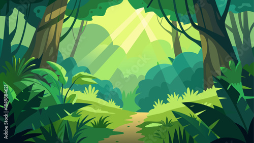 Illustration of a lush green forest with sunlight