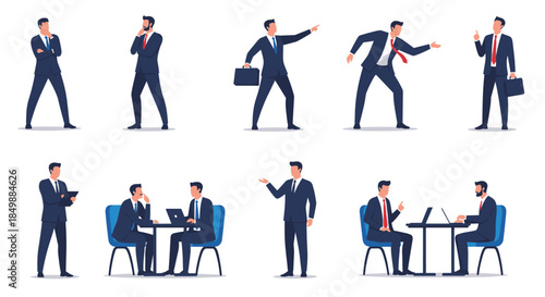 Set of businessman characters in various action poses, including working at a desk, presenting, thinking, and having a meeting.