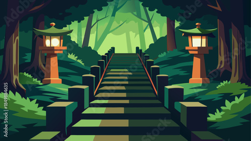 A stone stairway leading into a mysterious forest