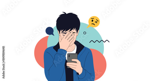 Stressed or embarrassed young man covering his face while looking at his smartphone, reacting to bad news or cyberbullying.
