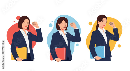 Set of powerful businesswomen with different hairstyles making a fist pump gesture, symbolizing strength, success, and empowerment.
