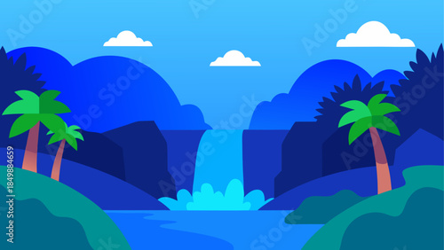Illustration of a waterfall in a tropical landscape