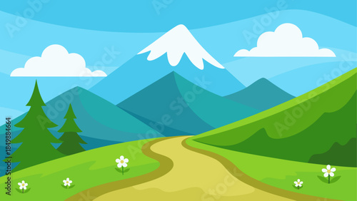 Scenic mountain landscape with path and trees view