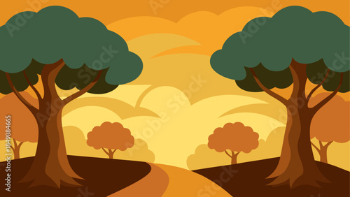 Cartoon landscape with trees and a winding pathway