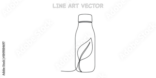 Continuous line drawing of a reusable water bottle with a leaf design. Ecofriendly hydration concept for health and sustainability. Minimalist single line art style. Vector illustration