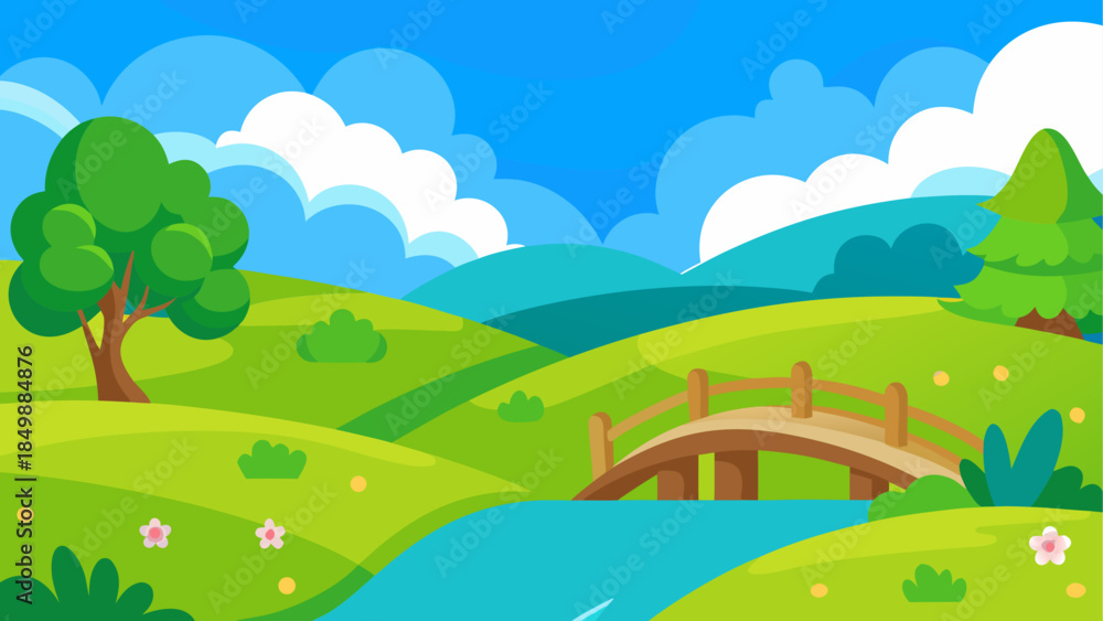 Fototapeta premium Cartoon landscape with bridge and rolling green hills