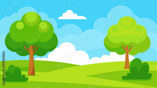 Cartoon landscape with trees bushes and cloudy sky