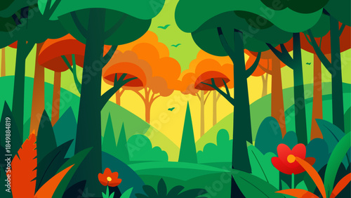 Illustration of a lush forest with trees and plants