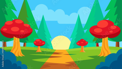 Cartoon landscape with mushrooms and trees in forest