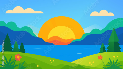 Illustration of a scenic landscape at sunrise time