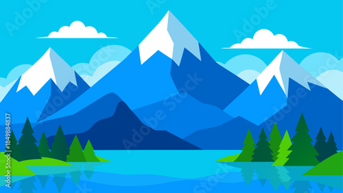 Scenic view of mountains lake and evergreen trees