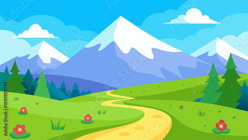 Cartoon landscape with mountains trees and flowers