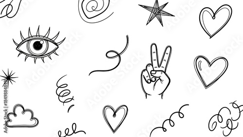 Hand Drawn Doodle Elements Set with Eye, Peace Sign, Star, Cloud, Heart, and Swirls on Isolated White Background