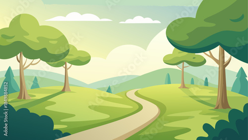 A winding path through a green landscape with trees