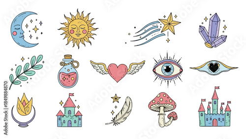Colorful Whimsical Collection of Magical, Celestial, and Nature Doodle Elements including Moon, Sun, Crystals, Potion, Winged Heart, and Castle on Isolated White Background
