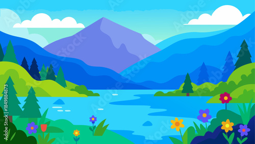 Landscape with mountains lake and colorful flowers