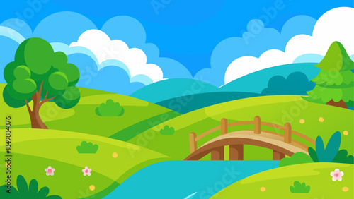 Cartoon landscape with bridge and rolling green hills