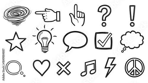 Comprehensive Collection of Minimalist Line Art Icons with Gesture, Idea, Communication, and Abstract Concept Symbols on Isolated White Background