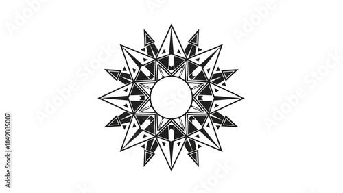 Intricate Geometric Mandala Starburst Design in a Symmetrical Abstract Style on Isolated White Background