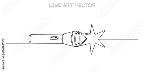 Continuous one line drawing of a modern flashlight emitting a bright starshaped light beam. Minimalist design. Simple black and white illustration on a clean background. Vector illustration