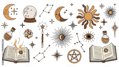 Colorful Mystical and Celestial Elements Collection with Sun, Moon, Stars, Magic Book, Potion Bottle, Crystal Ball on Isolated White Background