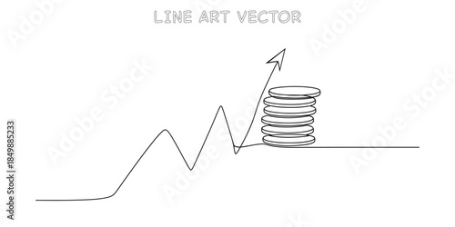 Continuous line drawing of financial growth concept. Stack of coins and an upward trending graph with an arrow representing increasing investment and economic success. Vector illustration