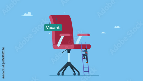 Ambitious businessman worker climbing the ladder to management office chair with vacant sign. Candidate searching for job, career path or job promotion to be management, ladder of work success.