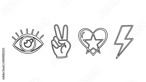 Minimalist Line Art Symbols Collection of Eye, Peace Hand Gesture, Star Heart, and Lightning Bolt on Isolated White Background