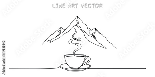 Continuous line drawing of a steaming coffee cup with majestic mountains in the background. Minimalist single line art style capturing natures tranquility, warm beverage moment. Vector illustration