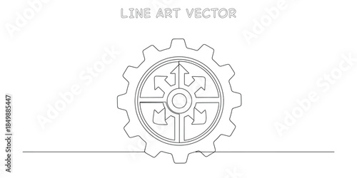 Continuous line drawing of a gear with multiple arrows pointing outwards from the center. Representing business strategy, decisionmaking, process flow, and complex solutions. Vector illustration