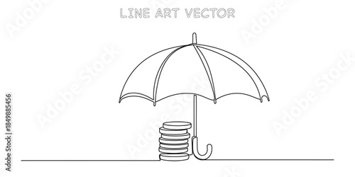 Continuous line drawing of an umbrella protecting a stack of coins. Financial security and savings concept. Investment and insurance symbol. Simple black and white line art. Vector illustration