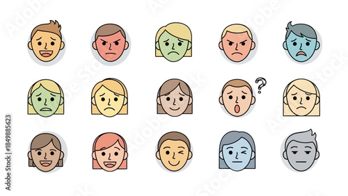 Set of Diverse Cartoon Emoji Faces Depicting Various Human Emotions on Isolated White Background